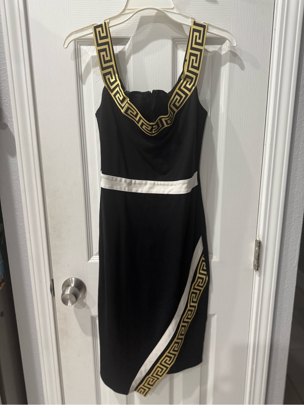 Black Dress with Gold Greek Key Trim - Sleeveless Elegant Sheath